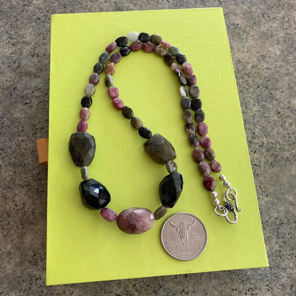 📿 Watermelon Tourmaline Crystal Necklace, 20” Long, EUC